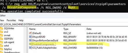 DisabledComponents - disable the IPv6 stack on Windows via the registry
