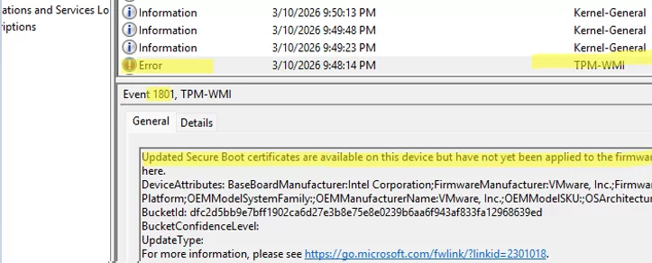 Event ID 1801: Updated Secure Boot certificates are available on this device but have not yet been applied to the firmware