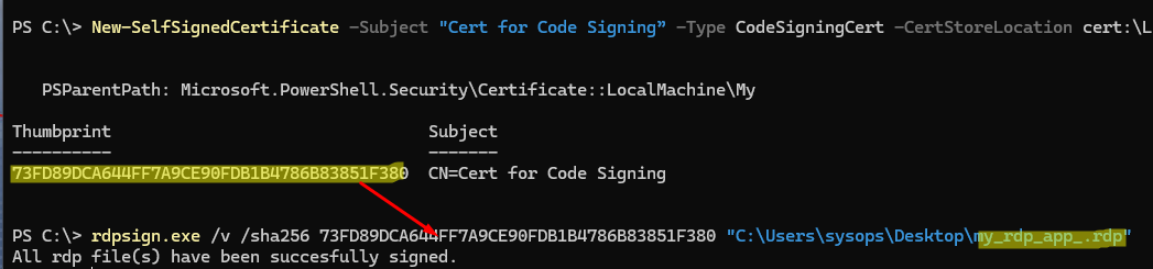 sign RDP file with rdpsign.exe tool