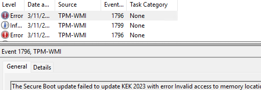 TPM-WMI:1796 The Secure Boot update failed to update KEK 2023 with error Invalid access to memory location