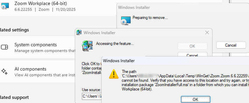 Cant uninstall MSI application: The path to msi cannot be found