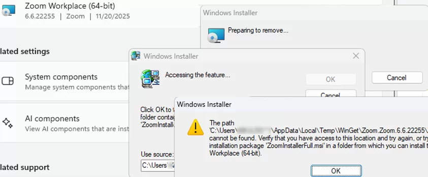 Cant uninstall MSI application: The path to msi cannot be found