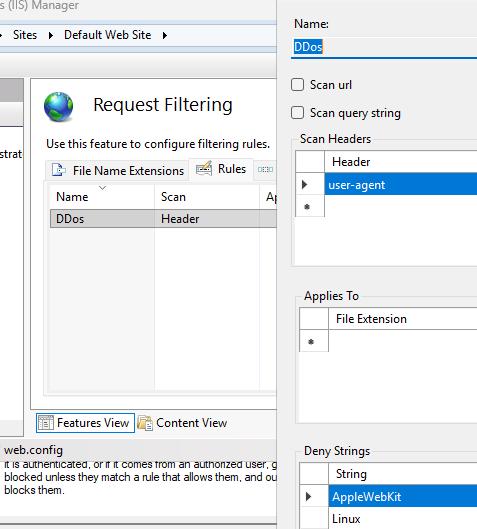 Deny connections for spam user agents using IIS request filtering