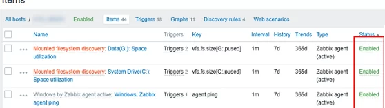 Disable metrics (items) in Zabbix host settings