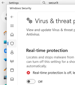Disable real-time protection in Windows Security