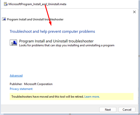 Download and run the Microsoft Program_Install_and_Uninstall.meta.diagcab