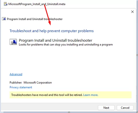 Download and run the Microsoft Program_Install_and_Uninstall.meta.diagcab