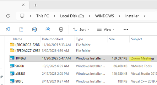 Find source MSI file in %windir%\Installer by Subject property