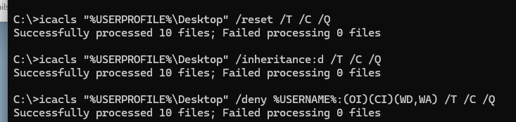 icacls command: change Desktop folder NTFS permissions - deny write and create files