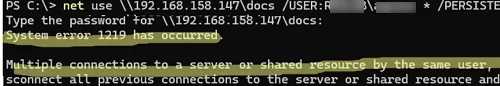 Multiple connections to a share using more than one user name, are not allowed.
