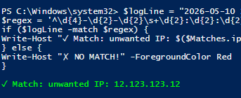 PowerShell: testing regexp rule to extract IP address from IIS logs