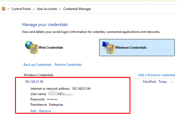 View saved Windows Credentials to access shared folder