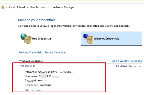 View saved Windows Credentials to access shared folder