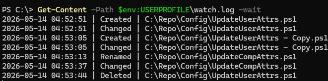 View the directory changes log in real time using PowerShell
