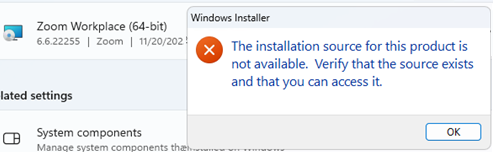 Windows Installer error: The installation source for this product is not available