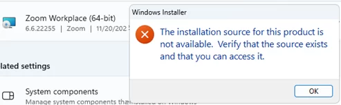 Windows Installer error: The installation source for this product is not available