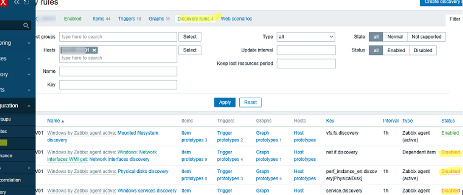 Zabbix - disable low level discovery rules for a Windows host