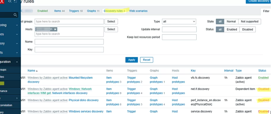 Zabbix - disable low level discovery rules for a Windows host