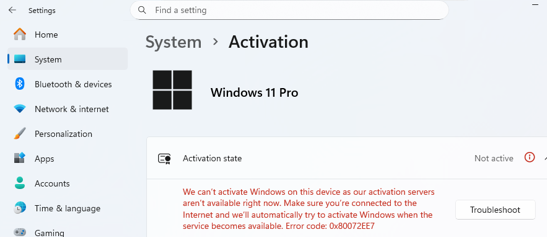 0x80072EE7 - computer cannot connect the Microsoft activation servers