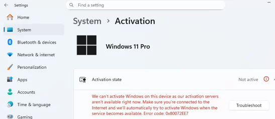 0x80072EE7 - computer cannot connect the Microsoft activation servers