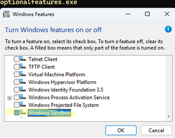 Enable the Windows Sandbox via optionalfeatures applet