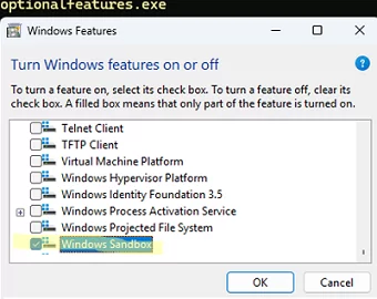 Enable the Windows Sandbox via optionalfeatures applet