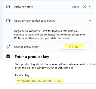 Enter a valid Windows 11 Pro product key