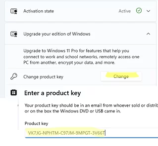 Enter a valid Windows 11 Pro product key