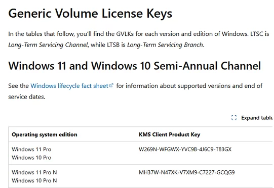 public GVLK keys for Windows 11 and 10