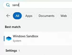 Run Windows Sandbox from the Start menu
