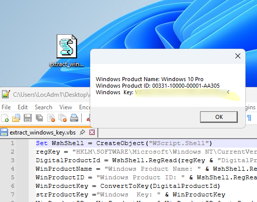 VBS script to extract product key from the registry