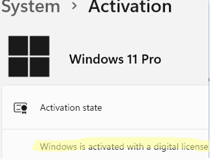 Windows 11 activated with a digital license