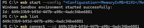 wsb commands to start and connect sandbox