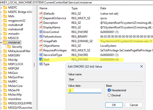 Change the msiserver service startup type in registry