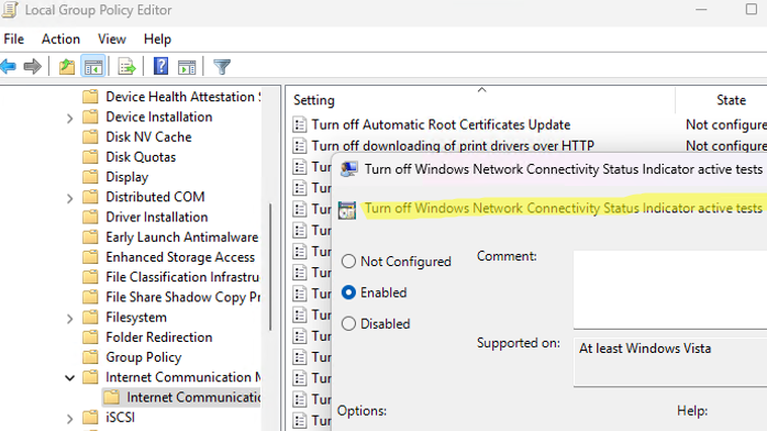GPO option: Turn off Windows Network Connectivity Status Indicator active tests
