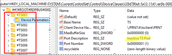 Inactive TS port in registry