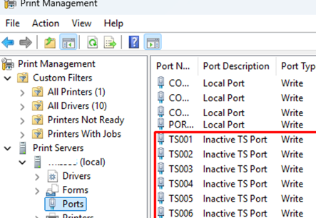 Inactive TS Ports for redirected printer on Windows Server running RDS