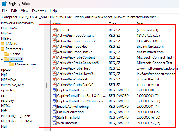 Network Connectivity Status Indicator (NCSI) settings in registry