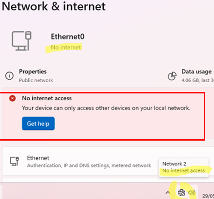 No internet warning in Windows: your device can only access devices on your local network.