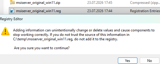 Repair the Windows Installer MSI service entry in registry