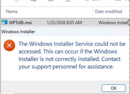The Windows Installer Service could not be accessed. This can occur if the Windows Installer is not correctly installed