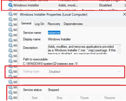 Windows installer is disabled and grayed out