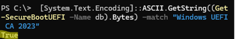 Check that Secure Boot Authorized Signature Database includes the Windows UEFI CA 2023 certificates