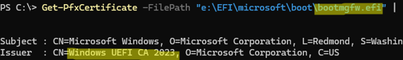 Check the certificate used to sign the bootmgfw.efi (windows bootloader)