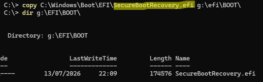 copy SecureBootRecovery.efi to EFI\BOOT
