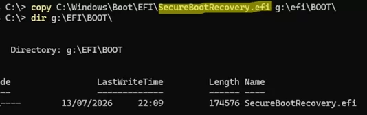 copy SecureBootRecovery.efi to EFI\BOOT