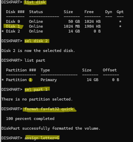 diskpart -prepare fat32 boot usb stick
