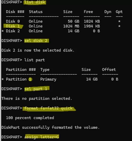 diskpart -prepare fat32 boot usb stick