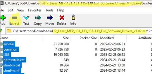 Extract with print driver including INF file from EXE installer