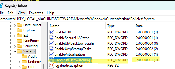 HideFastUserSwitching - registry option